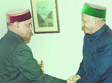 cm virbhadra singh and prem kumar dhumal get together in raj bhawan.