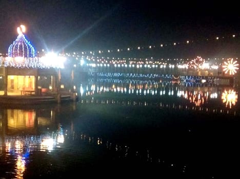 Tulsi bathed in colored lights and Hari memorial stair