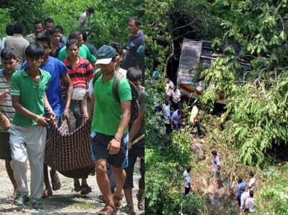 bus jumped into trench, 5 died, 28 injured.