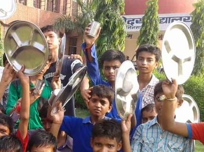 Students on strike against principal in Shravasti.