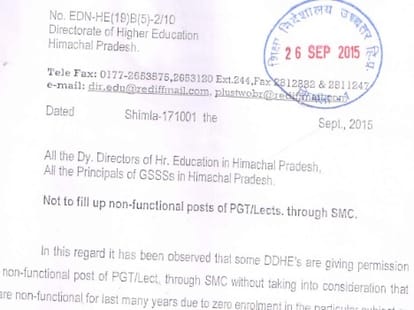 Education department directed schools Not to fill up non-functional posts of PGT/Lects through SMC.