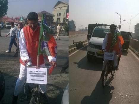 BJP legislator surinder ambdar attends session by cycling in srinagar