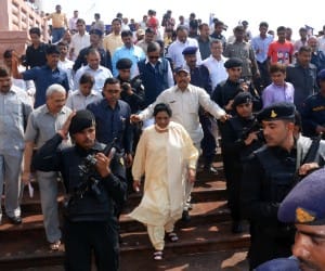 Mayawati addresses her party workers in a rally.