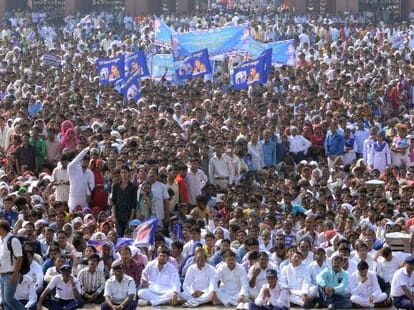 Mayawati addresses her party workers in a rally.