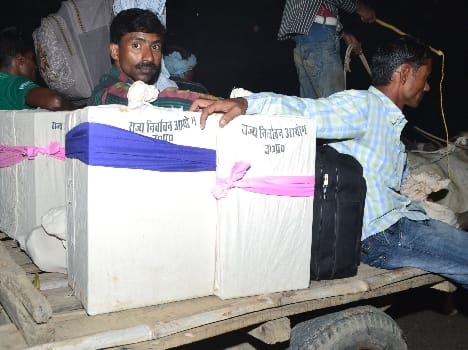Moved strong room beaux ballot boxes loaded on tongas in Ganj