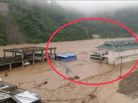 Bus stand construction in flood zone in mandi dharampur.