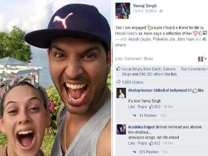 yuvraj singh hezal keech engagement popular on facebook