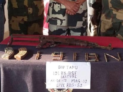 BSF seized weapons, ak 47, Magazine and cartridges at pakistan border 