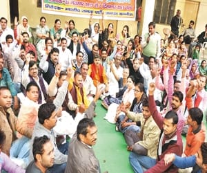 protest against teacher transfer.