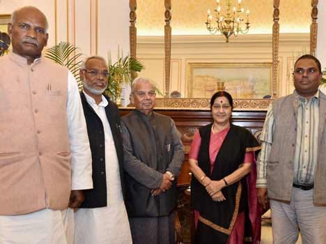  External Affairs Minister, Sushma Swaraj  meets madhesi leadrs of nepal at hyderabad house in new delhi 