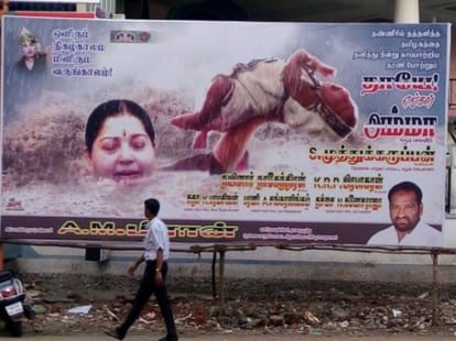 jayalalithaa supporters shows her as bahubali