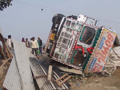 The truck fell into the ditch