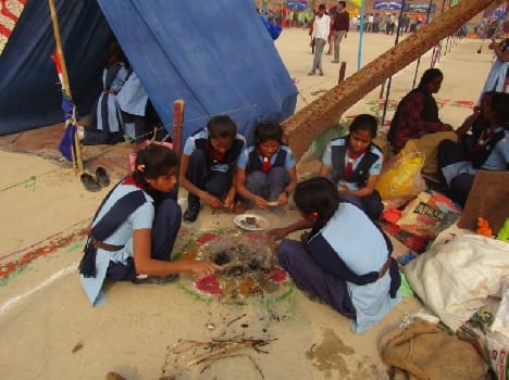 Tower and tents adorned with a rangoli