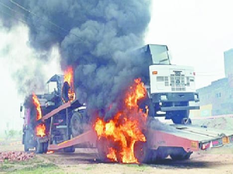 The lorry is blown by high tension wires fall