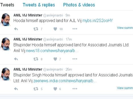 bjp minister anil vij controversial tweet on national herald issue