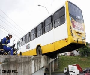 bus hanging on bridge at haridwar.