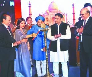 Akhilesh Yadav addresses NRI meet in Agra.