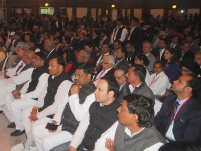 Akhilesh Yadav addresses NRI meet in Agra.