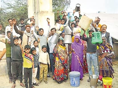 Angry villagers protesting bucket