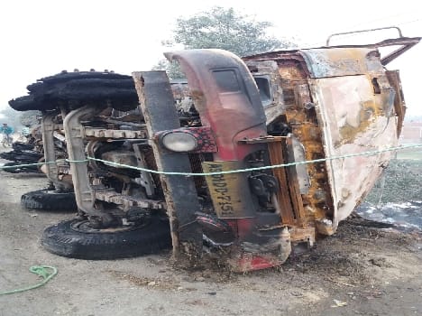 Truck Power Poles Hit, fire