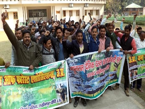 employees of the dudhva proceed a procession 