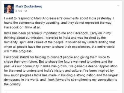 Zuckerberg comments deeply upsetting on Facebook Board member Marc Andreessen comments about India.