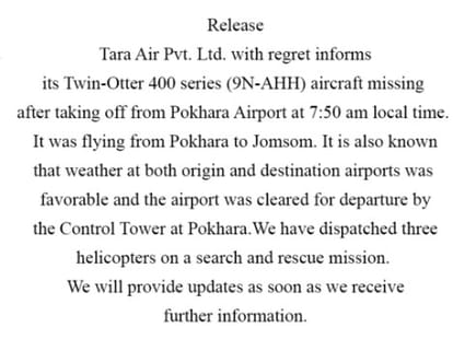 Private plane missing in nepal